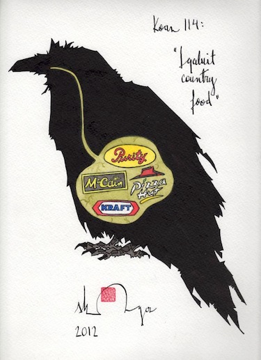 Iqaluit Country Food by François Ouellette depicts a bird with various brand names in its stomach, including the favourite brand of coffee and other major brands of cheese and fast food found in the supermarkets.