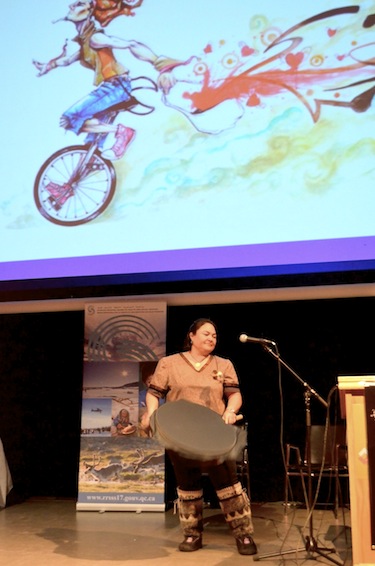 Karen Kettler, who works with Nunavik's Cirqiniq social circus program, drum dances during a recent workshop for doctors in Kuujjuaq. (PHOTO COURTESY OF THE NUNAVIK REGIONAL BOARD OF HEALTH AND SOCIAL SERVICES)