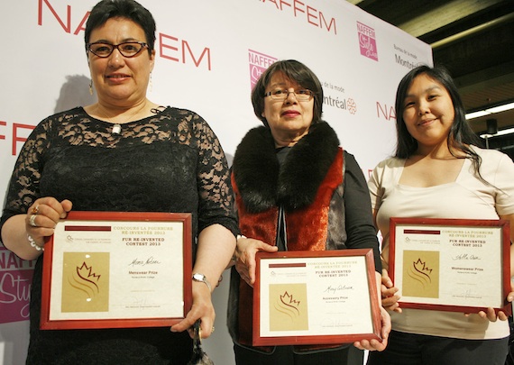 Nunavut Arctic College’s Mona Netser, Mary Wilman and Stella Attagutaluk Awa hold up awards they received April 29 for best menswear, accessory and women’s wear in the North American Fur and Fashion Exposition’s Fur Re-Invented contest. Eight of NAC’s Fur and Design students travelled to Montreal to be a part of the fur trade show, which featured fur fashion companies from across the world. Find out more about the show and how the seal skin industry is coping with the European Union's seal skin ban on Nunatsiaqonline.ca. (PHOTO BY DAVID MURPHY)
