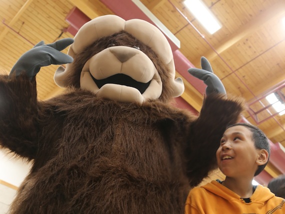 Oliie the Omingmak, Cambridge Bay's muskox mascot for the community's spring festival, gets into the fun May 13 at the festival's traditional games. May 14 brings games and snowmobile races on the river. See more Frolics photos later on Nunatsiaqonline.ca and on the Nunatsiaq News Facebook bage. (PHOTO BY RED SUN PRODUCTIONS)