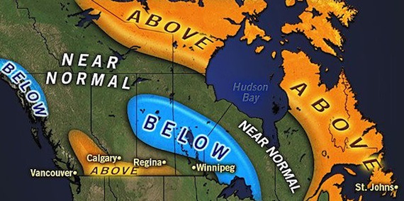 This map from Accu Weather shows that Nunavik and Nunavut can expect to see above-normal temperatures this summer.