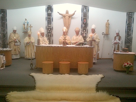 A Roman Catholic ordination ceremony full of ritual in Rankin Inlet as Father Anthony Wieslaw Krótki succeeds Reynald Rouleau as Bishop of Churchill-Hudson Bay on May 30. (PHOTO BY VICKI AITAOK)