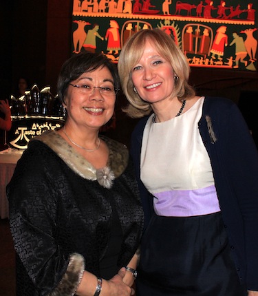 Premier Eva Aariak poses with Laureen Harper, the Prime Minister's wife, at a Taste of the Arctic, a formal gourmet extravaganza of food and entertainment hosted annually in Ottawa by Inuit Tapiriit Kanatami. Several hundred well-heeled Ottawans paid $199 each on April 29, to savour a sampling of Arctic foods prepared by National Arts Centre Executive Chef John Morris. Those dishes included pepper-seared rare tataki of caribou loin and ragout of hare. (PHOTO BY LISA GREGOIRE)