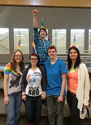 Students and staff from Kiilinik high school in Cambridge Bay show their support for diversity May 1 at the school's first 