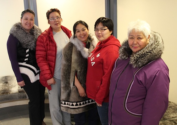 Nunavut Arctic College fur production students Mary Natsiq, Margaret Pudlat, Stella Attagutaluk Awa, Christina Ijjangiaq and instructor Meeka Kilabuk visit the Legislative Assembly gallery May 8. They recently attended the North American Fur and Fashion Exposition in Montreal, where three students won awards in the Fur Re-Invented contest =. Read more about the NAFFEM show on Nunatsiaqonline.ca at bit.ly/10rOJF3. (PHOTO BY SAMANTHA DAWSON)