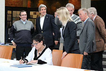 Nunavut MP Leona Aglukkaq, Canada's minister responsible for the Arctic Council, signs the Kiruna Declaration May 15 at the Arctic Council ministerial meeting in Kiruna at the city hall.  (PHOTO BY MARTINA HUBER/ REGERINGSKANSLIET)