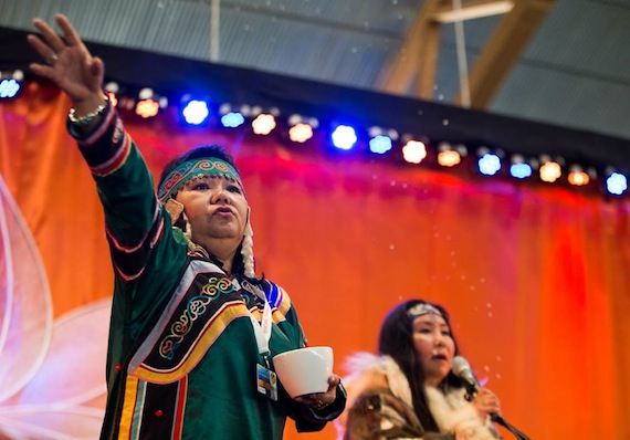 Indigenous participants from Russia deliver a blessing June 12 on the final day of the Global Preparatory Indigenous Peoples Conference in the Arctic city of Alta, Norway. Read more about the conference on Nunatsiaqonline.ca. (PHOTO BY BEN POWLESS, GLOBAL COORDINATING GROUP MEDIA TEAM/WCIP)