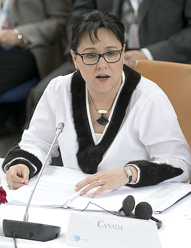Leona Aglukkaq, Canada's minister responsible for the Arctic Council, speaks May 15 at the Arctic Council ministerial in Kiruna, Sweden. (FILE PHOTO)