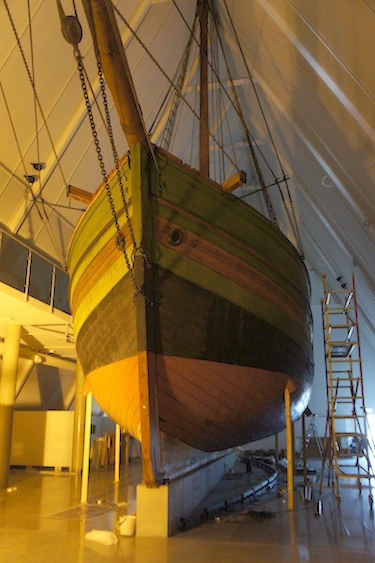 The Gjoa, the ship sailed by Norwegian polar explorer Roald Amundsen through the Northwest Passage in 1906, is now protected by a special structure at the Fram Museum in Oslo, Norway. (PHOTO BY ALEX BOYD)
