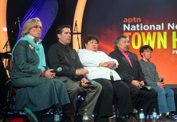 Carolyn Bennett, the Liberal MP for St. Paul's and her party's aboriginal affairs critic in the House of Commons, with Duane Wilson of Arctic Co-operatives; Monica Ell, the MLA for Iqaluit West and Nunavut minister of family services; Jack Anawak, a former Liberal MP for Nunavut who now serves as a vice president of Nunavut Tunngavik Inc. and chair of the Nunavut Social Development Council; and Leesee Papatsie, an organizer of the Feeding My Family group, speaking June 20 at a community meeting on food security hosted by the Aboriginal Peoples Television Network in Iqaluit. (PHOTO BY AARON WATSON)