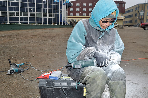 Sculptor Lydia Qayaq of Clyde River at the 2012 Nunavut Arts Festival. She returned to Iqaluit to demonstrate her work at this year’s edition of the event. (PHOTO COURTESY OF NACA)