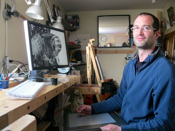 Jonathan Wright works on an illustration at his small Iqaluit studio, fashioned out of a sealift container, where he works on films shown around the world and on other commissions. Using computer software and the internet, the artist has found success as an illustrator and film animator in spite of Iqaluit's remote location. Read more on Nunatsiaqonline.ca (PHOTO BY PETER VARGA)