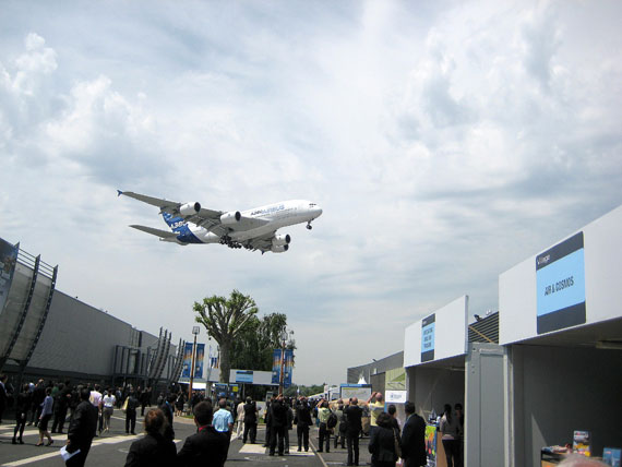 The world’s largest passenger airliner, the Airbus A380, coasts above the 2013 Paris Air Show. The City of Iqaluit sent a delegation to the 50th show, June 17 to June 23, to promote the Nunavut capital as the world’s premier cold weather testing centre. (PHOTO COURTESY OF MARK MORRISSEY)