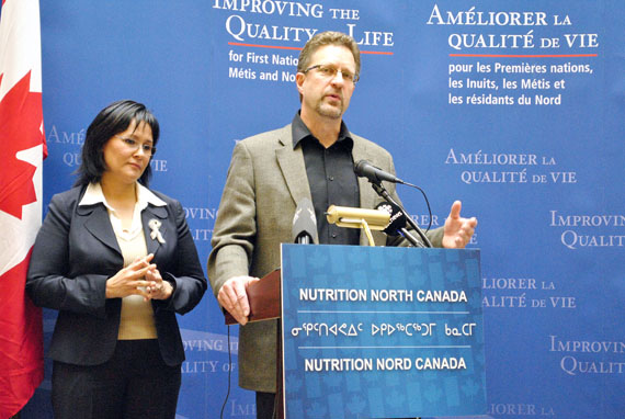 Chuck Strahl, then the AAND minister, and Nunavut MP Leona Aglukkaq, then the national health minister, announcing the Nutrition North Canada program May 21, 2010 in Iqaluit. (FILE PHOTO)