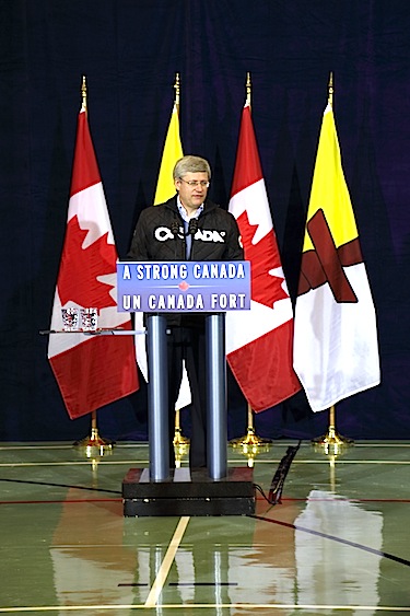 Prime Minister Stephen Harper in Cambridge Bay last year, on Aug. 23, 2012, announcing that that the community's Canadian High Arctic Research Station will move ahead that the federal government plans to spend $188 million on it over six years. (PHOTO BY RED SUN PRODUCTIONS) 