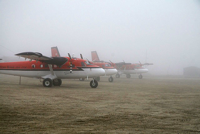 These Fisheries and Oceans Canada survey planes took flight from foggy Resolute Bay Aug. 1, starting on a month-long mission to survey whale populations in Nunavut’s Arctic seas. (PHOTO COURTESY OF THE DFO)