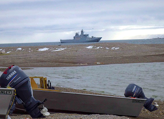 A Danish patrol vessel in from Thule, Greenland lies anchored in Resolute Bay Aug. 18, when the vessel's captain invited members of the community and military reservists participating in Operation Nanook on board for a visit. In 2010, Denmark and Canada signed a memorandum of understanding “on enhanced operational defence cooperation in the Arctic,” such as joint military exercises, staff exchanges and co-operation in rescue operations, which has led to Danish participation in Operation Nanook and other Arctic military exercises. (PHOTO BY VICKI SANAHATIEN)