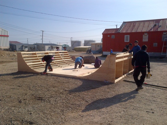 Hamlet of Cambridge Bay recreation and maintenance staff who built the new half-pipe for the community's youth work on the structure. From left to right: Wade Moore, Ches Pye, Hillary Aknavigak, Richard Webster, Zachary Townsend, and Kevin Evetalegak. (PHOTO COURTESY OF THE HAMLET OF CAMBRIDGE BAY)
