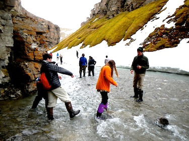Dr. Ewan Affleck, far right, an expedition leader from Yellowknife, who once practiced medicine in Nunavik, leads participants on a hike through Gull Canyon. Affleck's daughter Anika participated in the 12-day expedition on Somerset Island. (PHOTO COURTESY OF PAUL SOKOLOFF)