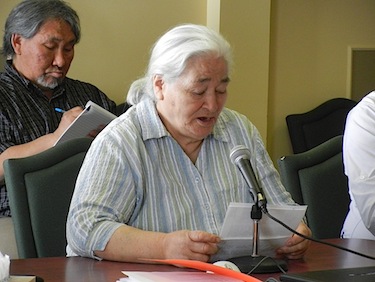 Elasuk Pauyungie of Nunavik's elders committee, seen here at a previous Kativik Regional Government council meeting, said elders like their intergenerational homes, which separate, secure apartments attached to a family home. (PHOTO BY JANE GEORGE)