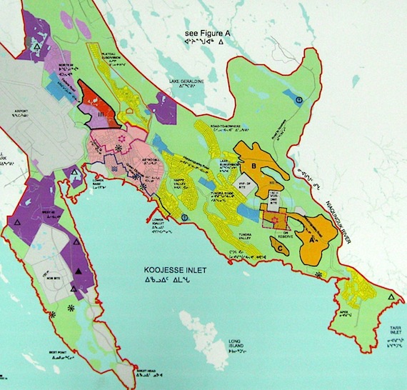 Iqaluit city council approved a 22-hectare area along the Road to Nowhere for the city’s next residential and commercial development. Shown as area B in orange, right of centre in this land-use image, the plot includes 14.9 hectares of land for residential development. (IMAGE FROM CITY OF IQALUIT)