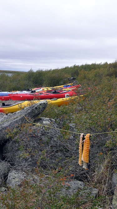 Traditional activities are an important component of the cadet program; here cadets hung Arctic char up to dry at a campsite along Diana Lake. (PHOTO COURTESY OF THE KRG)