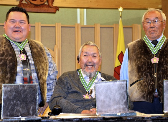 Jimmy Akavak (left), Davidee Arnakak (middle) and Louis Angalik Sr. display their new Order of Nunavut medals Sept. 12 at the Legislative Assembly in Iqaluit. This is the third year the Order of Nunavut has been given out. There are now eight Nunavummiut that have been invested into the Order of Nunavut, the territory's highest honour.