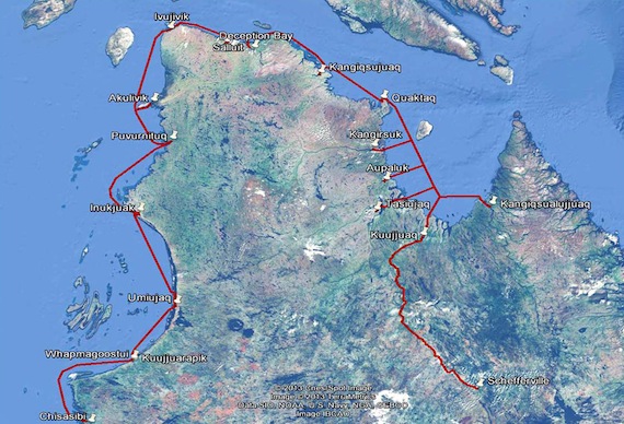 A map of one of the proposed fibre optic network routes for Nunavik, landing in Chisasibi and wrapping all the way around the ring, through to Schefferville. (IMAGE COURTESY OF THE KRG)