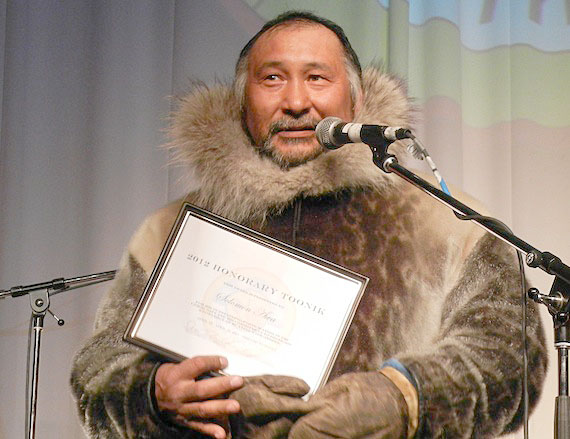 Solomon Awa accepts the Honorary Toonik title at the 2012 Toonik Tyme festival in Iqaluit, a year after serving as captain on Iqaluit’s first successful bowhead whale hunt. Awa contesting the Iqaluit-Sinaa seat in the Oct. 28 territorial election. (FILE PHOTO)
