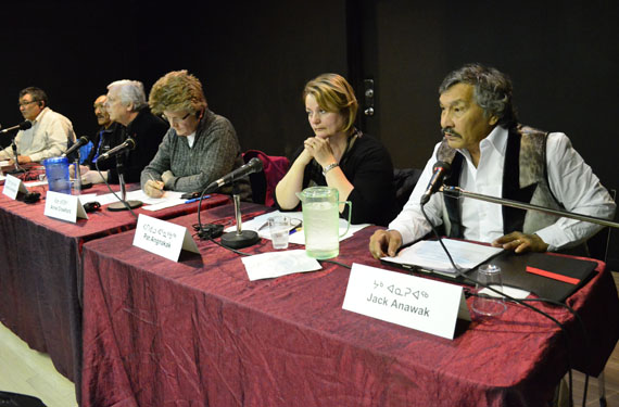 Here are the Iqaluit-Niaqunguu candidates taking part in the last session of the Iqaluit candidates forum held Oct. 26 at the francophone centre and broadcast live on CFRT: from left, Methuselah Kunuk, Sytukie Joamie, Duncan Cunningham, Anne Crawford, Pat Angnakak and Jack Anawak. Read more later on nunatsiaqonline.ca.