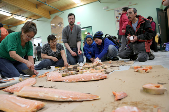Cambridge Bay residents and visitors eating quaq courtesy of the Kitikmeot Inuit Association. KitIA hosted the community feast during their annual general meeting this week in Cambridge Bay. (PHOTO BY RED SUN PRODUCTIONS)