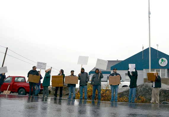 Kuujjuaq residents gather outside the community's Kativik Municipal Housing Bureau office Oct. 3 to protest recent rent increases and evictions carried out by the agency that oversees social housing in Nunavik. (SUBMITTED PHOTO)
