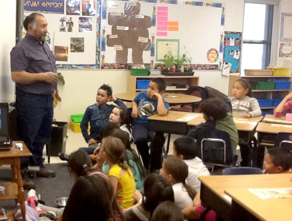 Miali Coley and Oopetee Kovic's students from Joamie School welcomed Iqaluit's Solomon Awa into their classroom to talk about what his experience was like as captain of the 2011 bowhead hunt in Iqaluit. Awa is running to represent Iqaluit-Sinaa in the Oct. 28 territorial election.