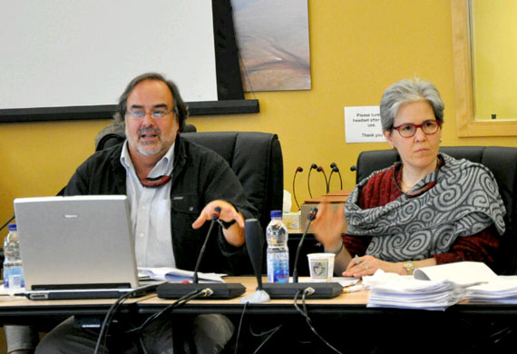 Gérard Duhaime, winner of the 2013 Northern Science Award, is pictured here at a meeting of the Kativik Regional Government in 2011 with Isabelle Parizeau, the KRG's director general. (FILE PHOTO)