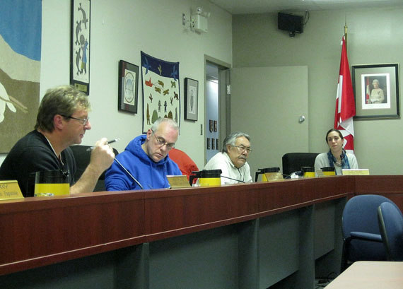 Iqaluit’s director of engineering Meagan Leach, right, takes questions about the city’s proposed waste disposal facility from city councillors, Dec. 2. (PHOTO BY PETER VARGA)