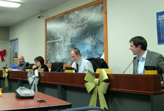 Iqaluit city councillors Mary Wilman, Kenny Bell and Mark Morrissey (far right) led a motion to take the city’s proposed waste site back to committee, to include plans for a garbage incinerator. Councillors Terry Dobbin and Noah Papatsie made the vote 5-2 in favour. (PHOTO BY PETER VARGA)