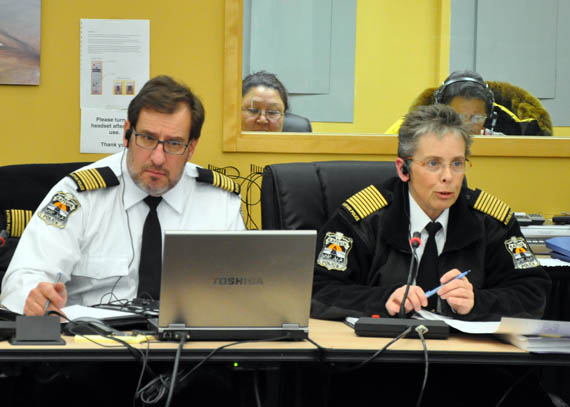 KRPF chief Aileen MacKinnon, right, with deputy chief Pierre Bettez at left, addresses the Kativik Regional Government regional council Nov. 27. (PHOTO BY SARAH ROGERS)