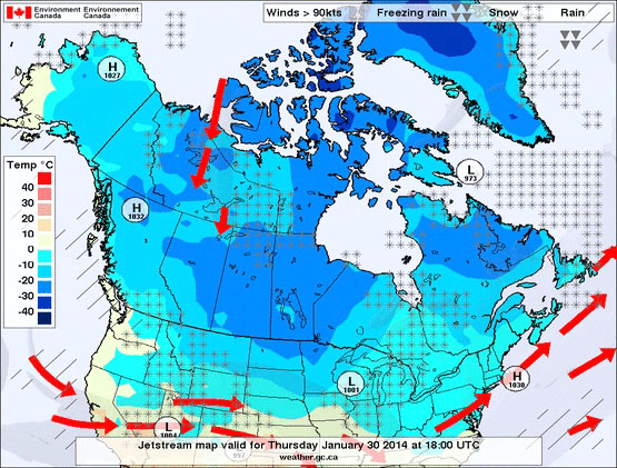 This weather chart from Environment Canada, posted Jan. 29, shows large areas of low pressure centred over Ontario and Quebec, known as the “Arctic vortex.” The system has created a “blocking pattern” that caused more blizzards than usual this month in Nunavut, according to meteorologist Brian Proctor of Environment Canada. (IMAGE FROM ENVIRONMENT CANADA)
