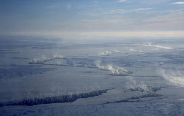 This image shows “leads” or open water channels created by cracks in the Arctic sea ice. NASA scientists say those cracks could be pumping atmospheric mercury into our environment. (PHOTO COURTESY OF THE UNIVERSITY OF HAMBURG)