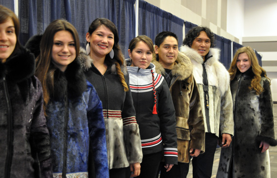 Models show off the latest in seal skin fashion from Nunavut and Nunavik Jan. 31 at the Northern Lights business and cultural showcase in Ottawa, designs from Nunavik Creations and Nunavut designers Winnifred Nungak, Mary Wilman and Ranva Simonsen. If you're in Ottawa, you can check out the fashion show Saturday afternoon at the Ottawa Convention Centre. (PHOTO BY SARAH ROGERS) 
