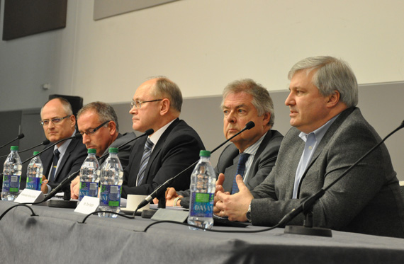 From left, president of the Canadian Northern Economic Development Agency, Patrick Borbey, its vice-president Mitch Bloom, Russia's Arctic ambassador Anton Vasiliev, Finland's Arctic ambassador Hannu Halinen and Baffinland CEO Tom Paddon took part in a panel discussion on the future of the Arctic Economic Council Jan. 29 at the Northern Lights conference in Ottawa. (PHOTO BY SARAH ROGERS)