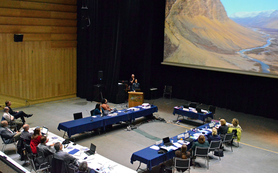 Directors from the Kativik Regional Government's department of renewable resources, environment, lands and parks address the Arctic Council`s Conservation of the Arctic Flora and Fauna (CAFF) working group in Kuujjuaq Feb. 11. (PHOTO BY ISABELLE DUBOIS)