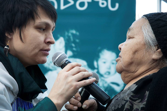 Evie Mark, left and Alacie Aulla Tullaugaq throat sing for an audience at Montreal's Museum of Fine Arts Jan. 28. (PHOTO BY MICHEL PATRY/AVATAQ)