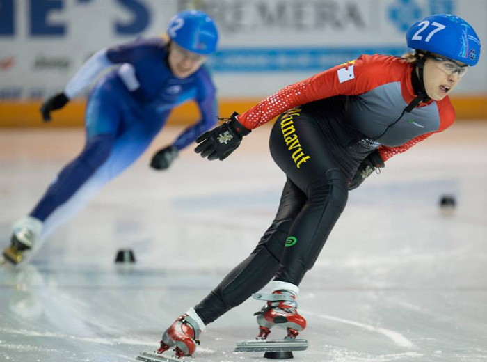 Iqaluit's Kara Pauline Ashley, 17, flies around the oval in Fairbanks, Alaska, where she is competing for Team Nunavut at the Arctic Winter Games. As of March 21, Team Nunavut had 16 medals (four gold) and Team Nunavik-Quebec had 21 (five gold) The games end Saturday afternoon, March 22. (PHOTO COURTESY TEAM NUNAVUT FACEBOOK/GREG MARTIN)