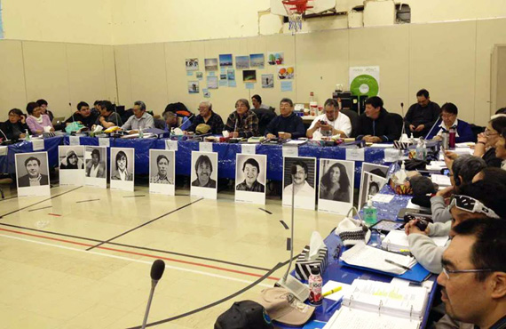 The nine living signatories of the 1975 James Bay and Northern Quebec Agreement recounted stories of the negotiation process to Makivik Corporation's annual general meeting in Ivujivik March 27. Johnny Williams, Sarollie Weetaluktuk, Peter Inukpuk, Tommy Cain, Charlie Watt, Zebedee Nungak, Putilik Papigatuk, Charlie Arngak, Robbie Tookalook (not pictured) along with George Koneak and Mark Annanack, who are now deceased, will be recognized as the first recipients of the Order of Nunavik later this year. (PHOTO COURTESY OF MAKIVIK CORP.)
