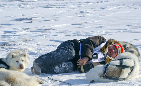 Kuujjuaq musher and Ivakkak racer Allen Gordon takes a breather from the race trail with his dog team. Gordon and his co-musher Johnny Kooktook were positioned in second place March 12, at the end of day three of the race. Dog teams are expected to arrive in Kangirsuk this afternoon. (PHOTO BY PIERRE DUNNIGAN/MAKIVIK) 