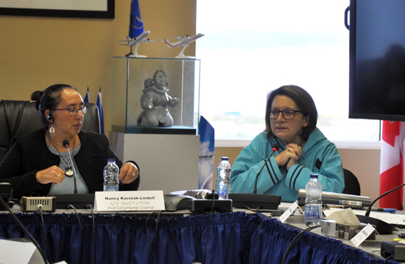 Mary Simon, with Nunavut singer Kelly Fraser, left, and Inuit Tapiriit Kanatami's Looee Okalik, right, address the Alberta National Event of the Truth and Reconciliation Commission of Canada on behalf of Inuit last week. The TRC's final event was held in Edmonton March 27-30. ITK and the Amaujaq National Centre for Inuit Education offered a sealskin-bound copy of First Canadians, Canadians First: The National Strategy on Inuit Education to the commission as an expression of reconciliation on behalf of the Inuit of Canada. (PHOTO COURTESY OF ITK)