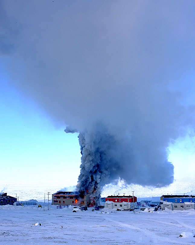 A fire broke out at Tarsakallak school in Aupaluk early March 15, spewing smoke across the community of 195 people. (PHOTO COURTESY OF THE KSB)