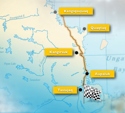This map shows the trail route, which follows the Ungava coast south to Tasiujaq. (IMAGE COURTESY OF IVAKKAK)
