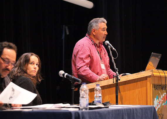 Makivik Corp. president Jobie Tukkiapik speaks at the 2014 Kuujjuaq Mining Workshop April 29 at the community's Kattitavik town hall. Tukkiapik spoke to delegates about the Parnasimautik consultations, which toured Nunavik communities through 2013 and found that Nunavimmiut want to be consulted more on mining projects in the region. The workshop runs until May 1. (PHOTO COURTESY OF MAKIVIK CORP.) 

